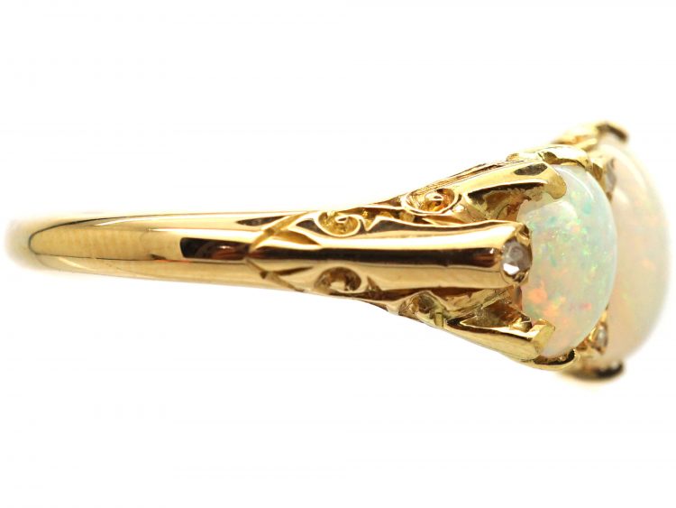 Edwardian 18ct Gold, Three Stone Opal Ring with Rose Diamond Points
