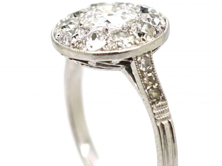 Art Deco Platinum, Diamond Cluster Ring with Diamond Shoulders