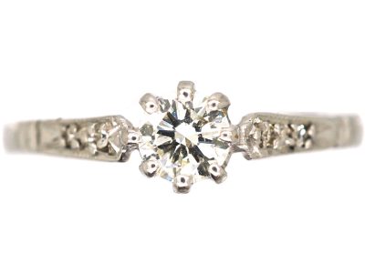 Art Deco Platinum, Diamond Solitaire Ring with Diamond Set Shoulders