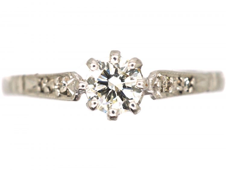 Art Deco Platinum, Diamond Solitaire Ring with Diamond Set Shoulders
