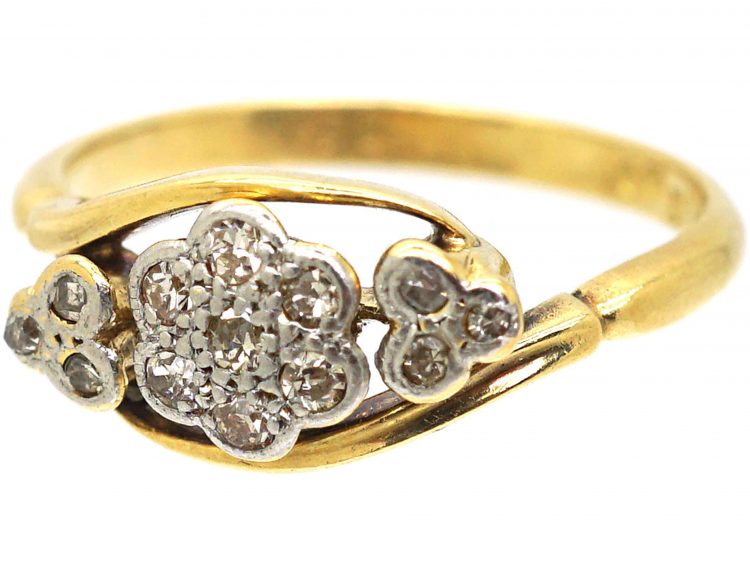 Edwardian 18ct Gold & Platinum, Cluster Diamond Ring with Diamond Set Trefoil Detail