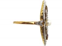 Art Deco 18ct Gold & Platinum, Diamond, Ruby & Natural Pearl Marquise Ring