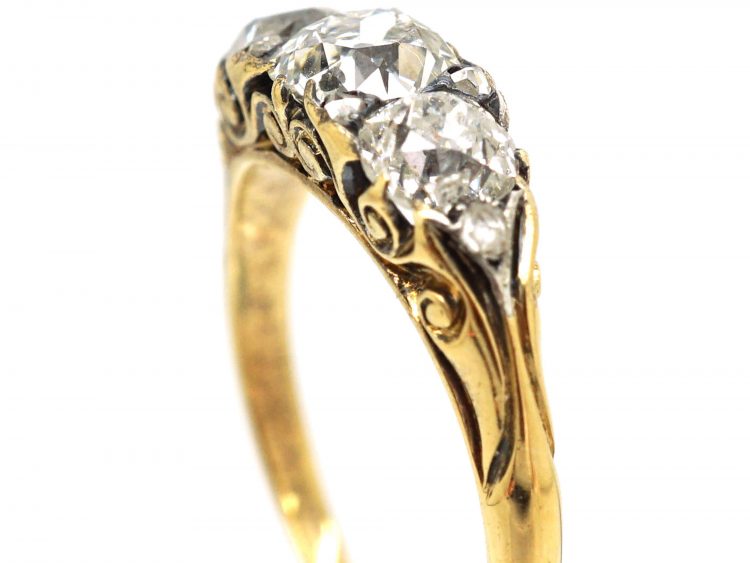 Victorian 18ct Gold, Three Stone Diamond Carved Half Hoop Ring