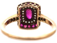 Art Deco 14ct Gold & Platinum, Ruby & Rose Diamond Rectangular Shaped Ring with Diamond Set Shoulders