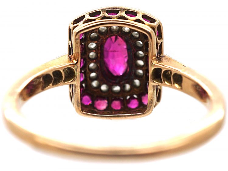 Art Deco 14ct Gold & Platinum, Ruby & Rose Diamond Rectangular Shaped Ring with Diamond Set Shoulders