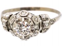 18ct White Gold Diamond Cluster Ring with Diamond Set Bands on the Shoulders