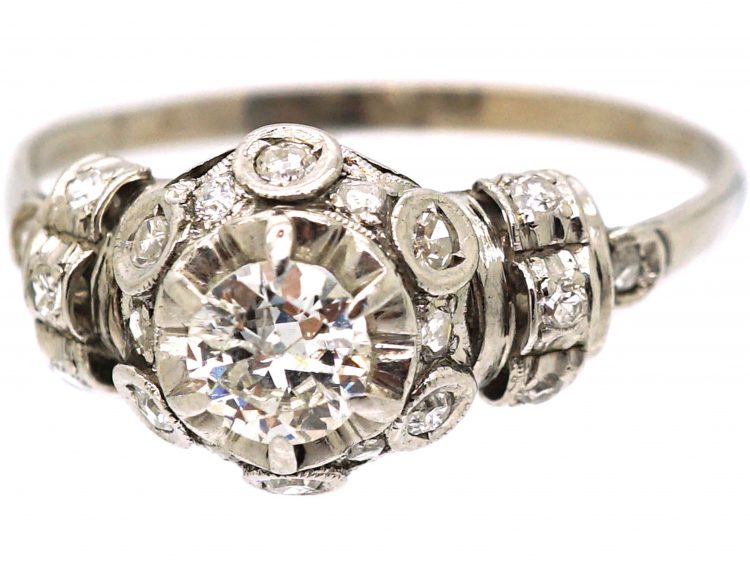 18ct White Gold Diamond Cluster Ring with Diamond Set Bands on the Shoulders