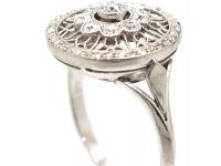 Edwardian Platinum & Diamond Cluster Ring with Openwork Detail and a Rose Diamond Border
