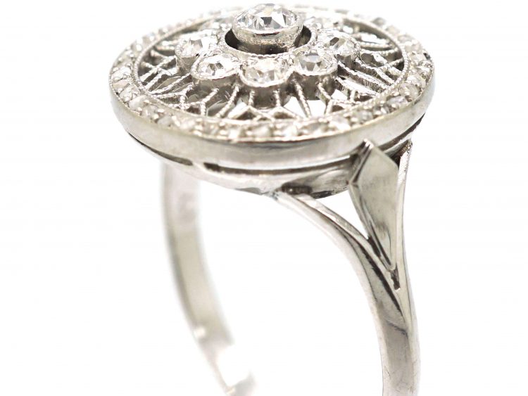 Edwardian Platinum & Diamond Cluster Ring with Openwork Detail and a Rose Diamond Border