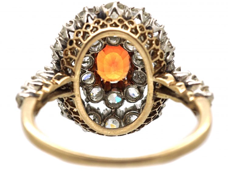 Edwardian 18ct Gold, Orange Sapphire and Diamond Cluster Ring with Diamond Set Shoulders