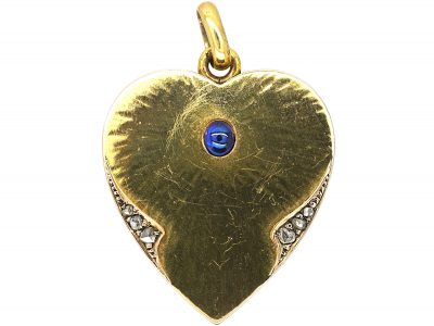 Art Deco 14ct Gold Heart Locket set with A Cabochon Sapphire & Rose Diamonds