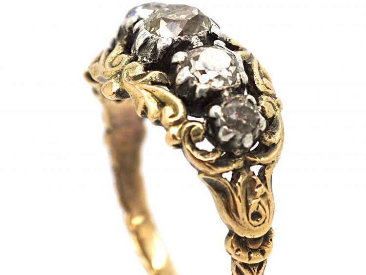 Georgian 15ct Gold & Silver, Cushion Cut Diamond Three Stone Ring