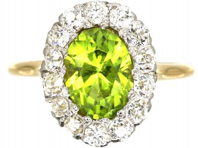 18ct Gold, Peridot & Diamond Oval Cluster Ring
