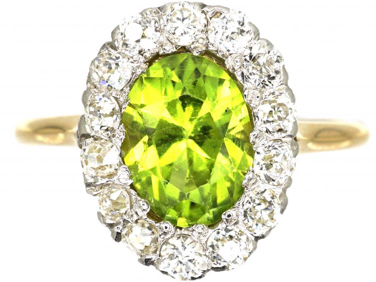 18ct Gold, Peridot & Diamond Oval Cluster Ring