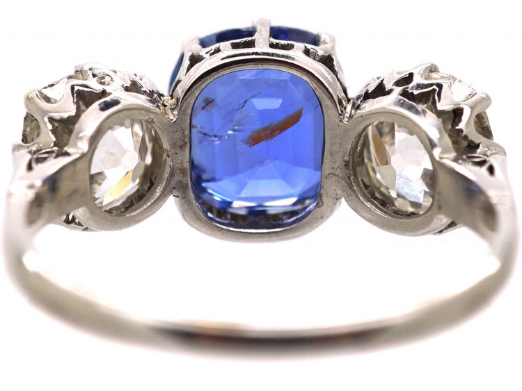 Art Deco Platinum, Large Sapphire & Diamond Three Stone Ring