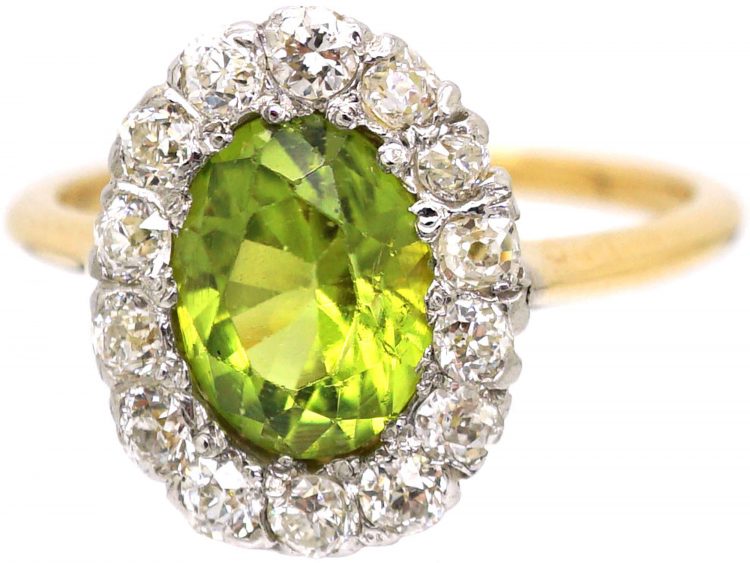 18ct Gold, Peridot & Diamond Oval Cluster Ring