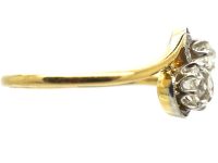 Art Nouveau 18ct Gold & Platinum, Two Stone Diamond Crossover Ring with Rose Diamond Detail