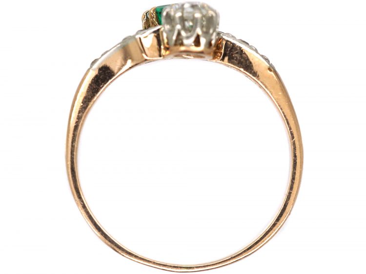 Edwardian 14ct Gold & Platinum, Emerald & Diamond Crossover Ring