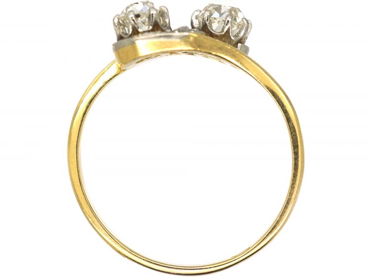 Art Nouveau 18ct Gold & Platinum, Two Stone Diamond Crossover Ring with Rose Diamond Detail