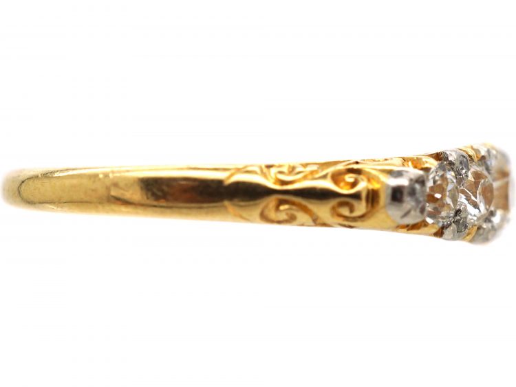 Edwardian 18ct Gold Five Stone Diamond Carved Half Hoop Ring with Diamond Points