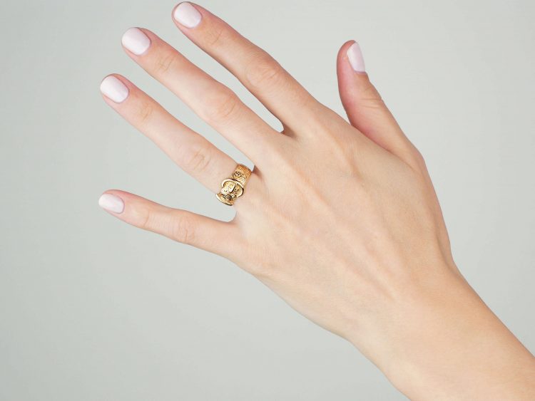 Edwardian 18ct Gold Buckle Ring with Fine Engraving Throughout