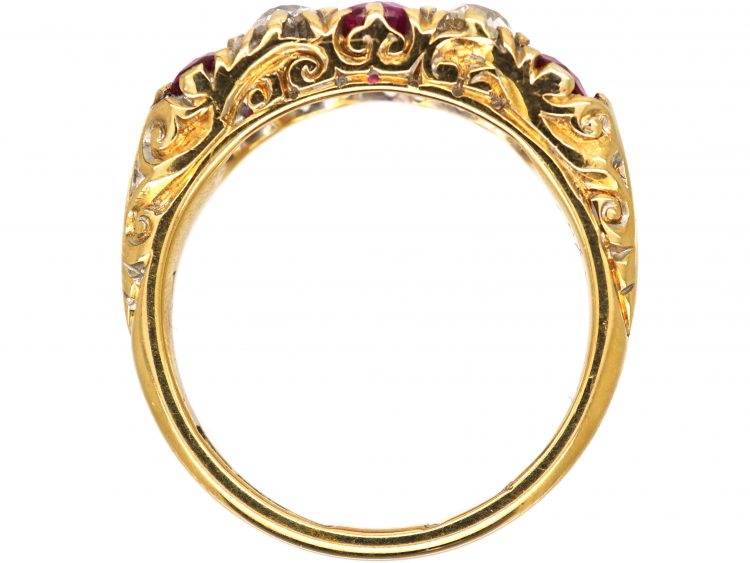 Victorian 18ct Gold, Ruby & Diamond Carved Half Hoop Ring