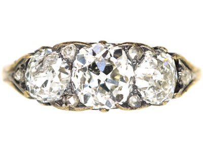 Victorian 18ct Gold, Three Stone Diamond Carved Half Hoop Ring