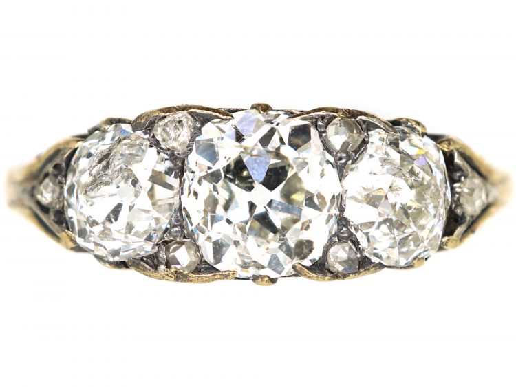 Victorian 18ct Gold, Three Stone Diamond Carved Half Hoop Ring