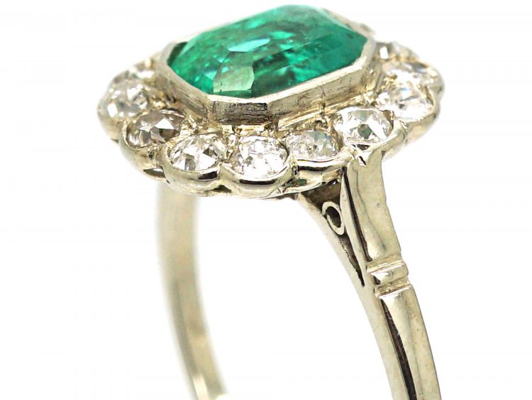Art Deco 14ct White Gold, Emerald & Diamond Cluster Ring
