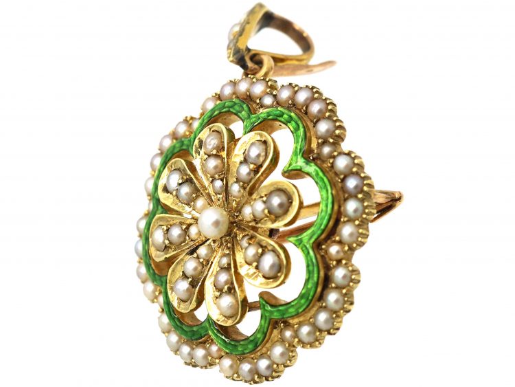 Victorian 15ct Gold, Natural Split Pearl and Green Enamel Pendant