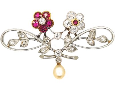 Edwardian Platinum Double Flower Brooch set with Rubies & Diamonds & a Natural Split Pearl