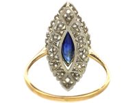 French Art Deco 18ct Gold & Platinum, Sapphire & Diamond Marquise Ring
