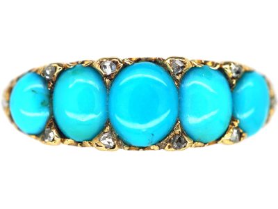 Victorian 18ct Gold, Five Stone Turquoise & Rose Diamond Forget me Not Ring