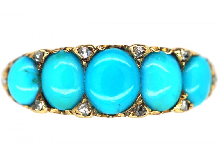 Victorian 18ct Gold, Five Stone Turquoise & Rose Diamond Forget me Not Ring