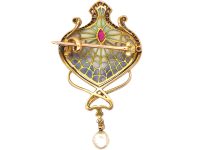 French Art Nouveau Plique a Jour 18ct Gold Brooch/ Pendant set with Diamonds, Rubies & a Natural Pearl