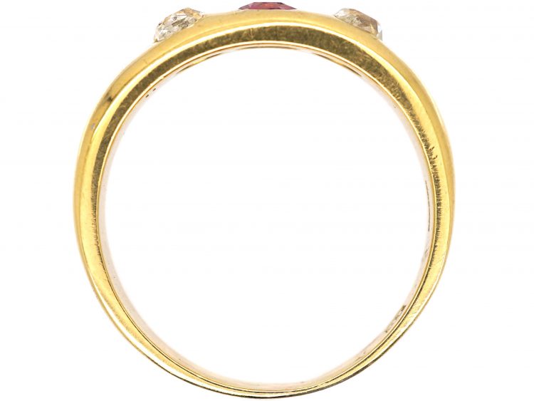 Edwardian 18ct Gold, Pink Sapphire & Diamond Three Stone Rub Over Ring