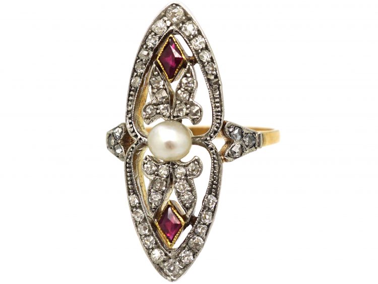 Art Deco 18ct Gold & Platinum, Diamond, Ruby & Natural Pearl Marquise Ring