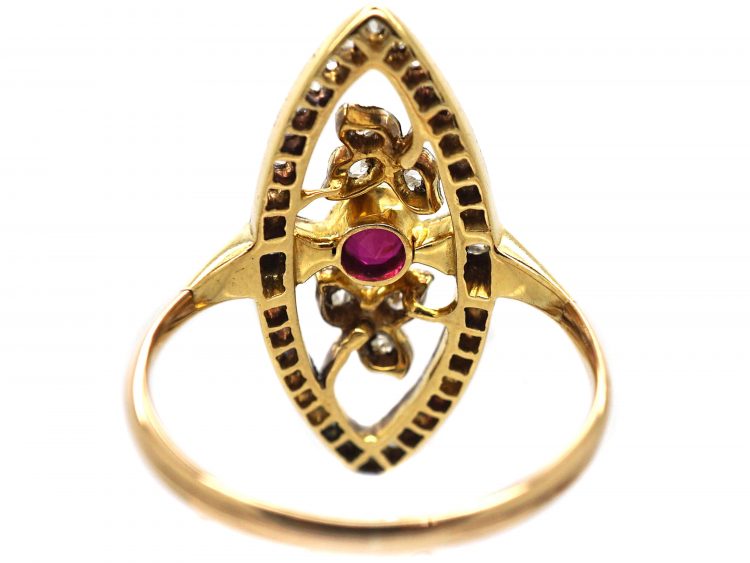 Art Nouveau 18ct Gold & Platinum, Rose Diamond & Ruby Marquise Ring