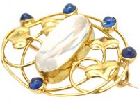 Art Nouveau 15ct Gold Brooch set with Cabochon Sapphires & Moonstone