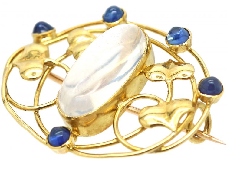 Art Nouveau 15ct Gold Brooch set with Cabochon Sapphires & Moonstone