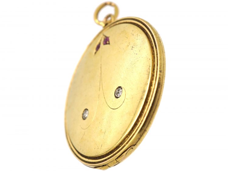 Art Nouveau 18ct Gold Round Locket Set with Rubies & Rose Diamonds
