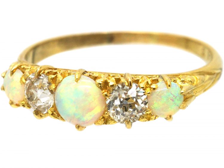 Edwardian 18ct Gold, Opal & Diamond Five Stone Ring