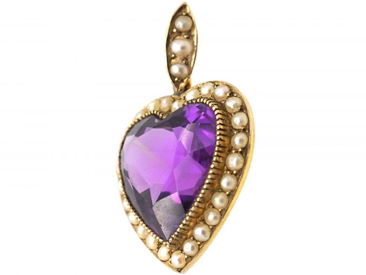 Edwardian 15ct Gold Heart set with a Heart Shaped Amethyst & Natural Split Pearls