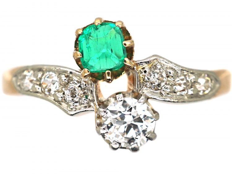 Edwardian 14ct Gold & Platinum, Emerald & Diamond Crossover Ring
