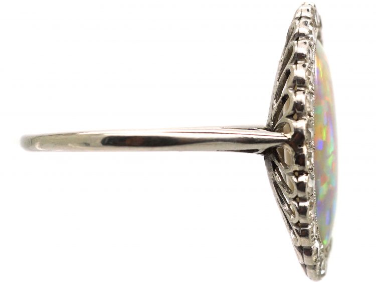 Art Deco Diamond & Large Harlequin Opal Oval Shaped Ring
