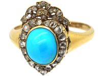 Victorian 18ct Gold, Turquoise & Rose Diamond heart Shaped Ring with Bow on top