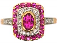 Art Deco 14ct Gold & Platinum, Ruby & Rose Diamond Rectangular Shaped Ring with Diamond Set Shoulders