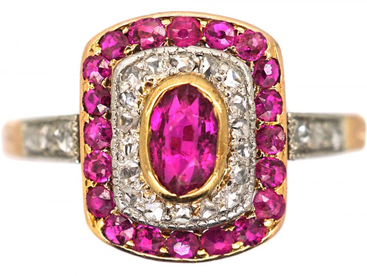 Art Deco 14ct Gold & Platinum, Ruby & Rose Diamond Rectangular Shaped Ring with Diamond Set Shoulders