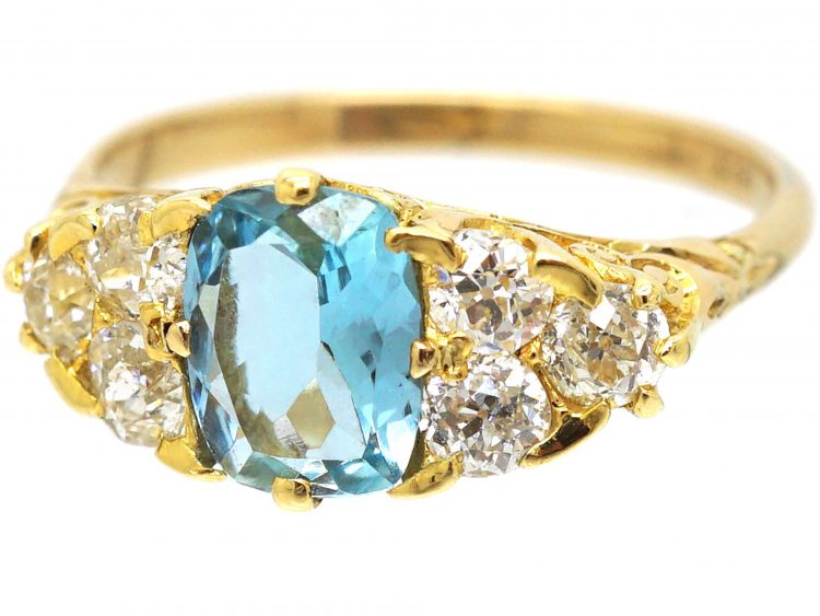 Edwardian 18ct Gold, Aquamarine & Old Mine Cut Diamond Ring