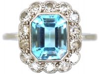 Art Deco 18ct White Gold & Platinum, Aquamarine & Diamond Rectangular Cluster Ring